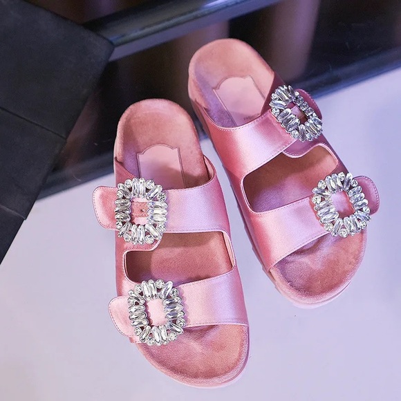 Shoes - Sandal Buckle Rhinestone Inspired Flat Open Toe Strap Slide Slipper